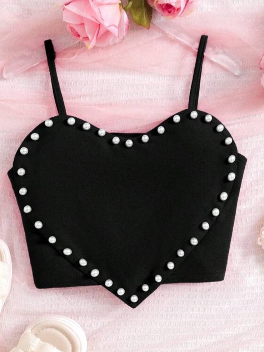 Black Heart-Trim Pearl Crop Top - Women